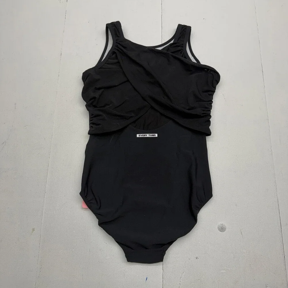 Every Turn Renew Leotard Girls 16 Black Sleeveless Mesh Ruched Back Dancewear